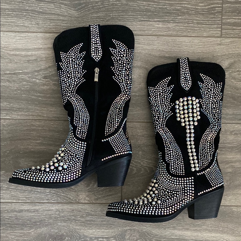 Sergio Todzi - Black Suede w/ Silver Rhinestone Mid-Calf Western Boots - Size 38